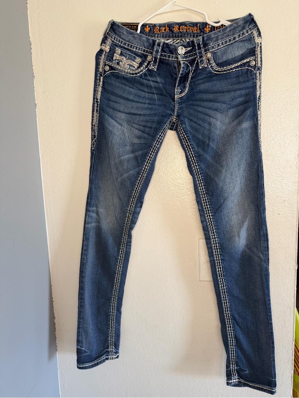 Rock Revival Women's Dark Blue Skinny Jeans with White Contrast Stitching